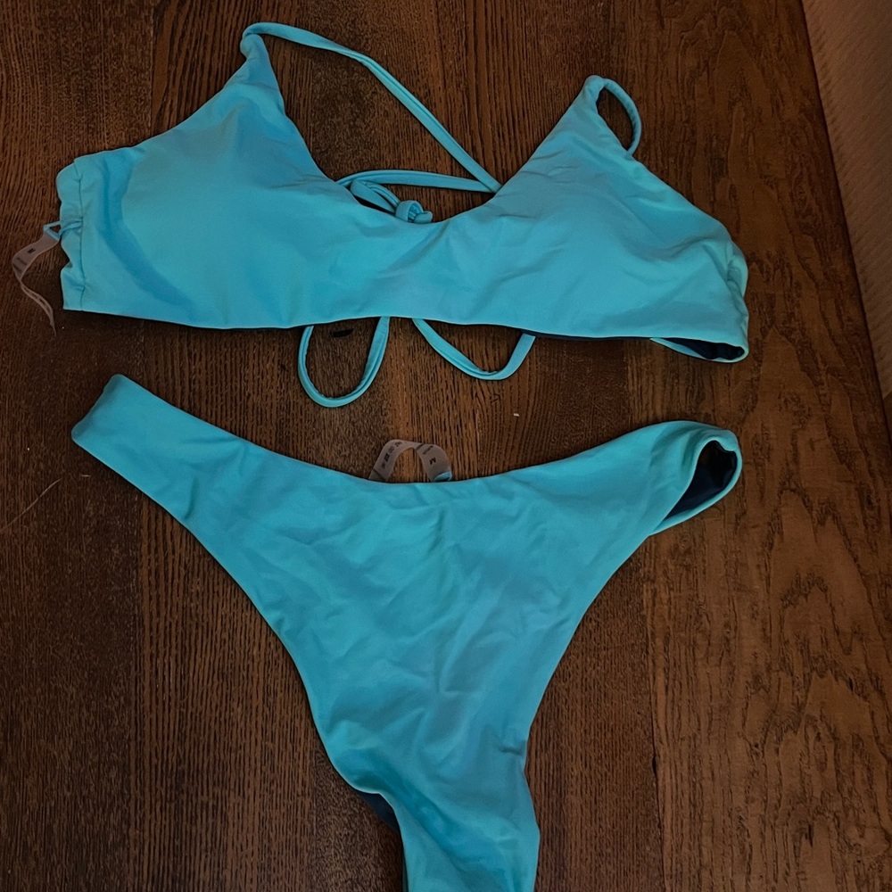 Blue Bikini Set Tie Top Thong Bottoms NWOT Bathing Suit Swimsuit